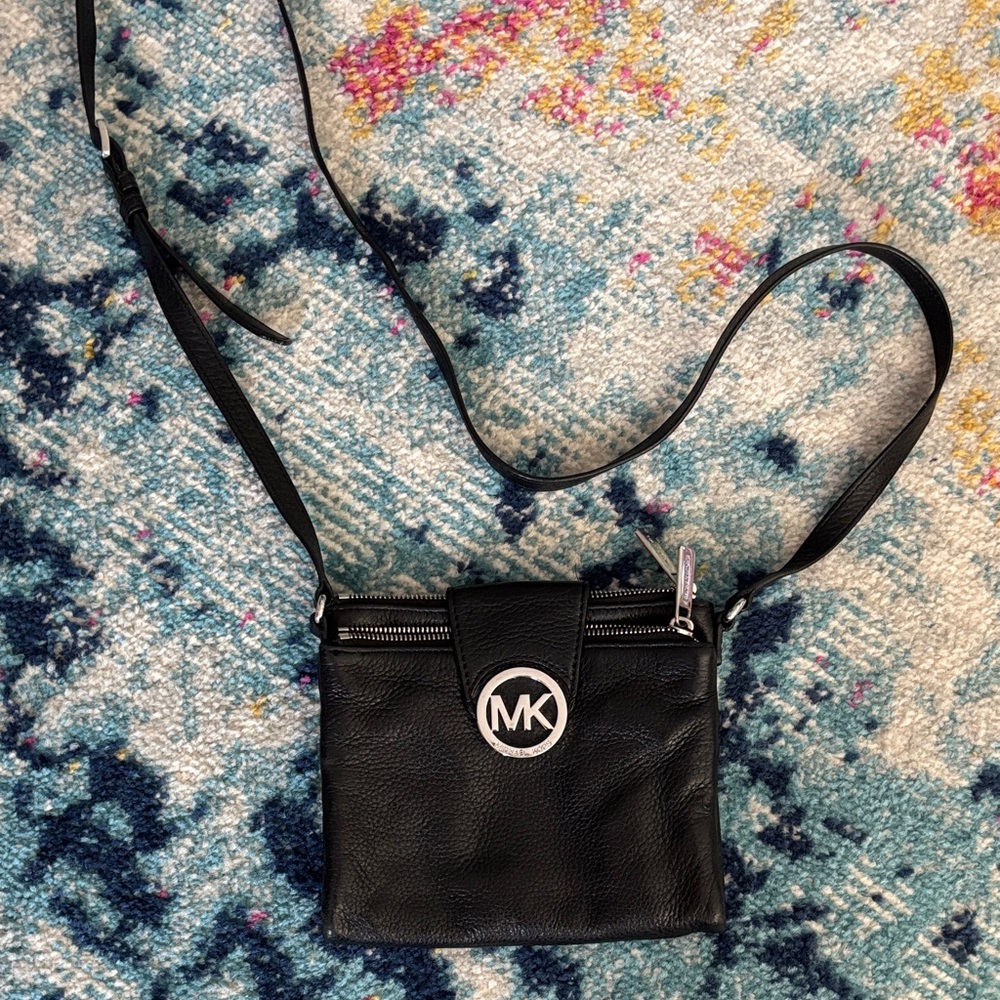 Michael Kors Black Leather MK Logo Small Crossbody Bag